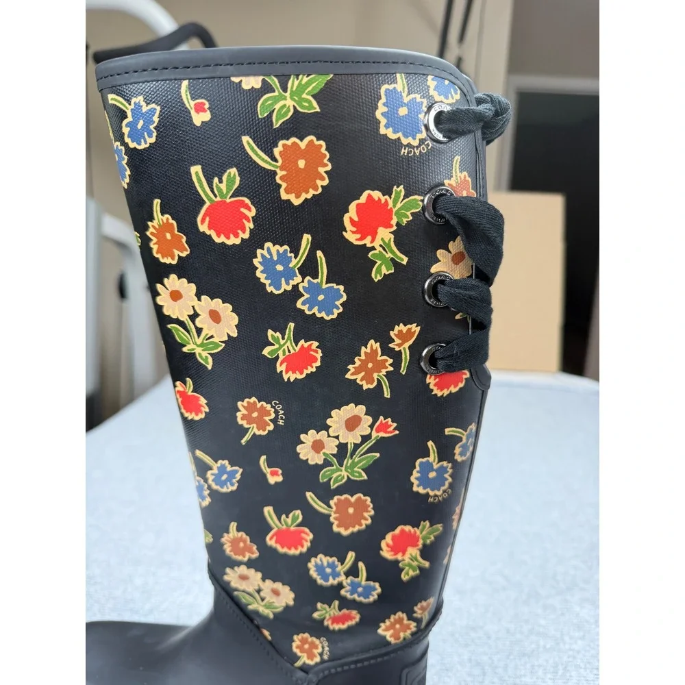 Coach Tristee Floral Rain Boots Black Matte Rubber Tall Lace Back Womens 8B